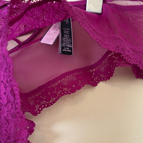 VS| NEW Purple Cheeky Panty Mesh Chantilly Lace Trim w/Crisscross Back Sz L NWT - Picture 3 of 3